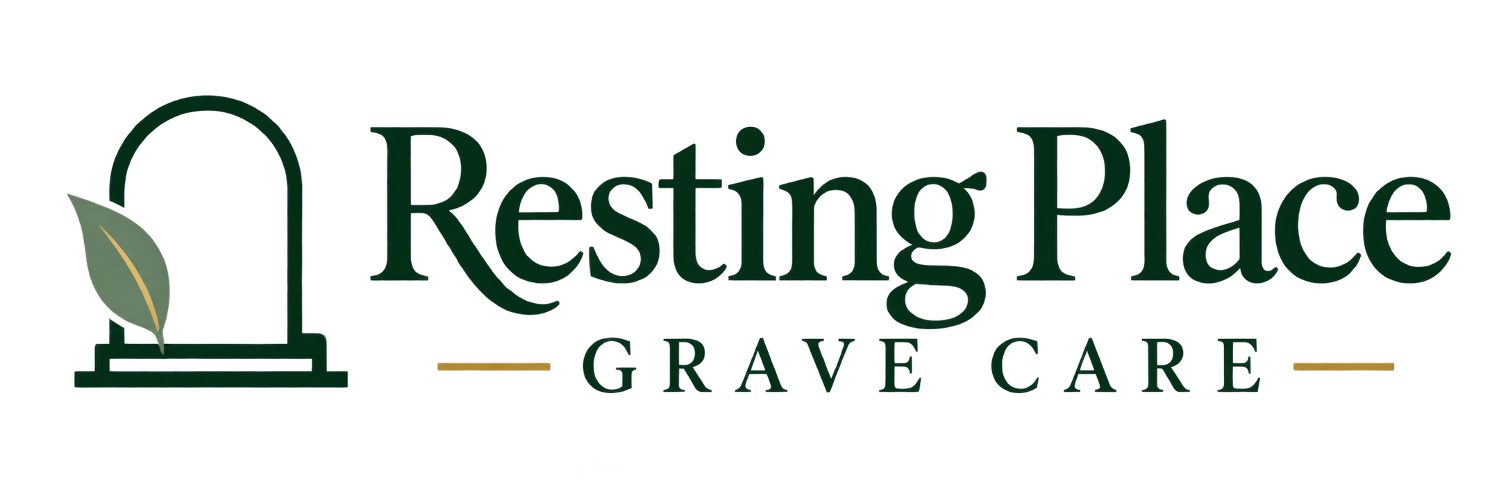 Resting Place Grave Care logo: a memorial stone and leaf